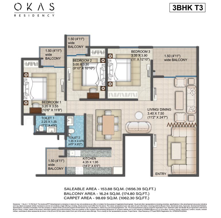 3 BHK + 3T Okas